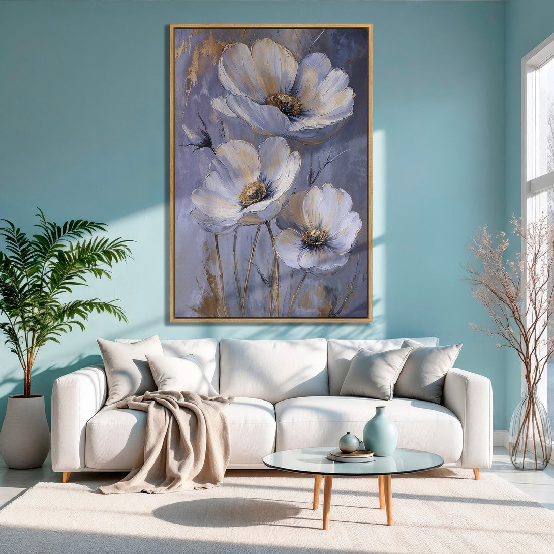 Framed Wall Art featuring elegant floral painting in a soft, neutral color palette. Perfect for adding a touch of sophistication to your living room.