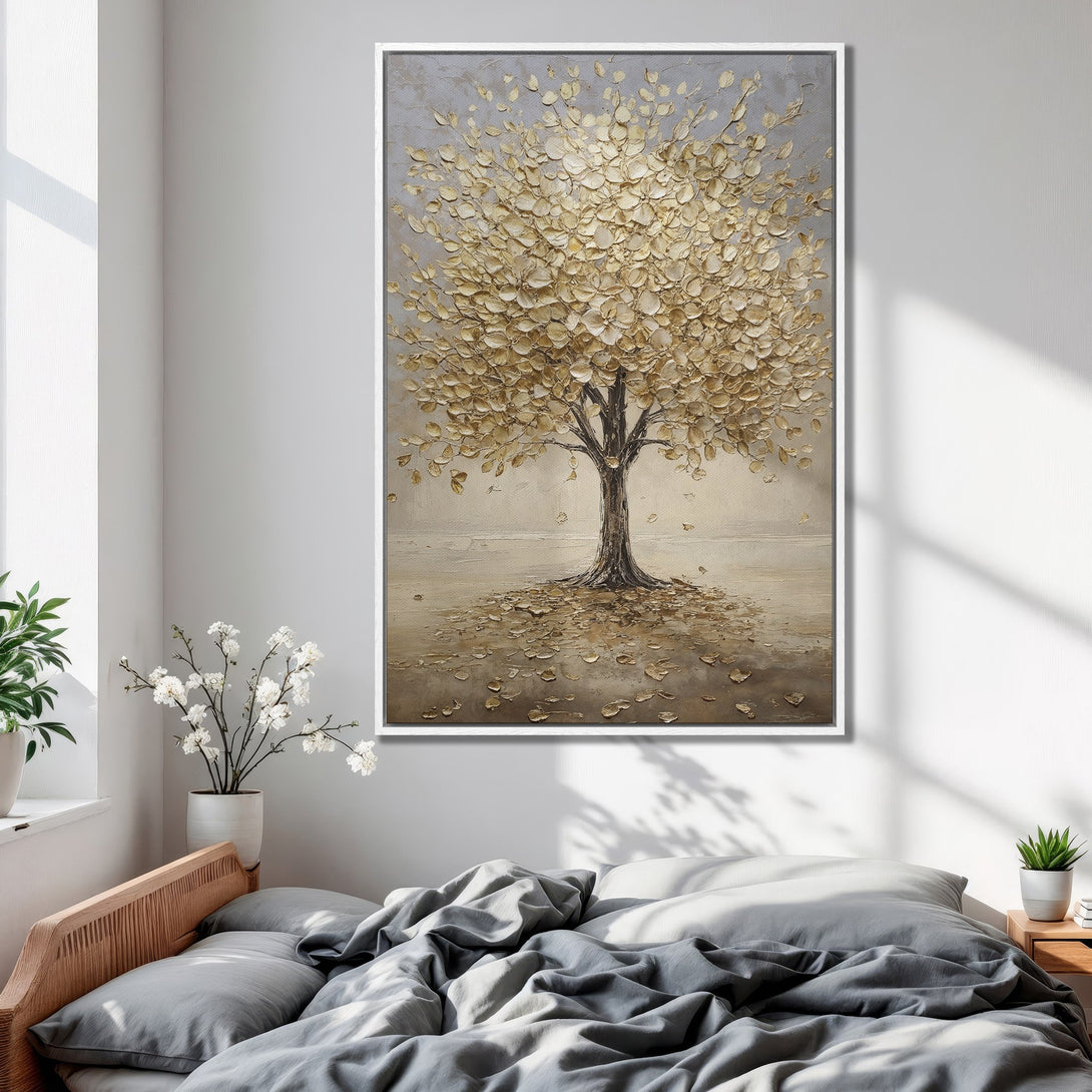 Framed Wall Art: Stunning gold leaf tree painting. Textured artwork in neutral tones. Perfect for bedroom decor. Enhance your space with this beautiful canvas print.
