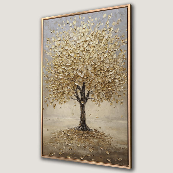 Framed Wall Art of a textured gold leaf tree. Neutral color palette with gold and brown tones. Perfect for adding elegance to your space.