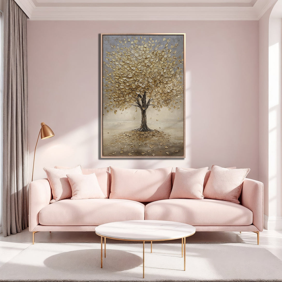 Framed Wall Art of a golden tree in a modern interior with a pink and gold color palette, perfect for adding elegance to your home.