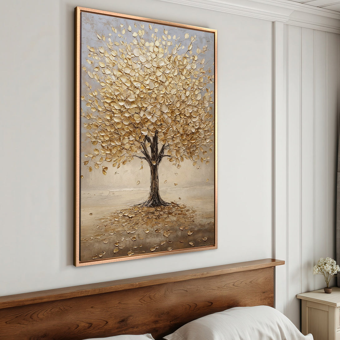 Framed Wall Art featuring a textured gold leaf tree painting. Adds warmth to any space with its neutral, earthy color palette. Perfect for home decor.