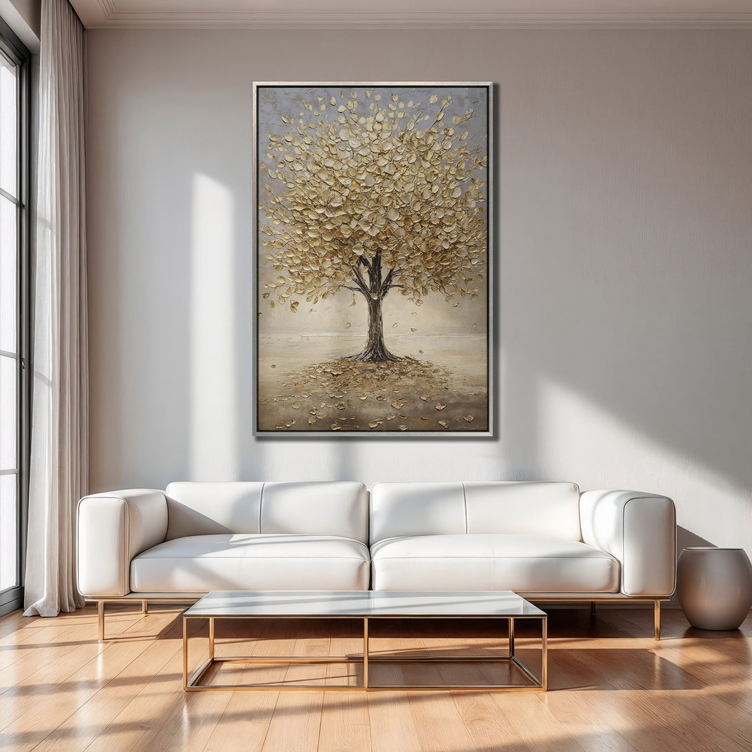 Framed Wall Art: Gold leaf tree painting in neutral tones. Modern art print for living room decor. Warm, inviting color palette.