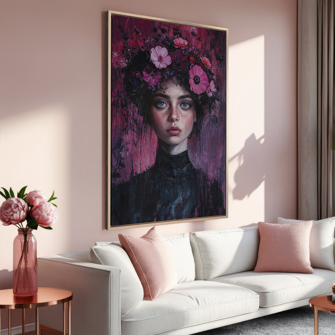 Framed Wall Art featuring a woman with a floral crown in a pink and purple palette. Perfect for adding a touch of elegance to your living room.