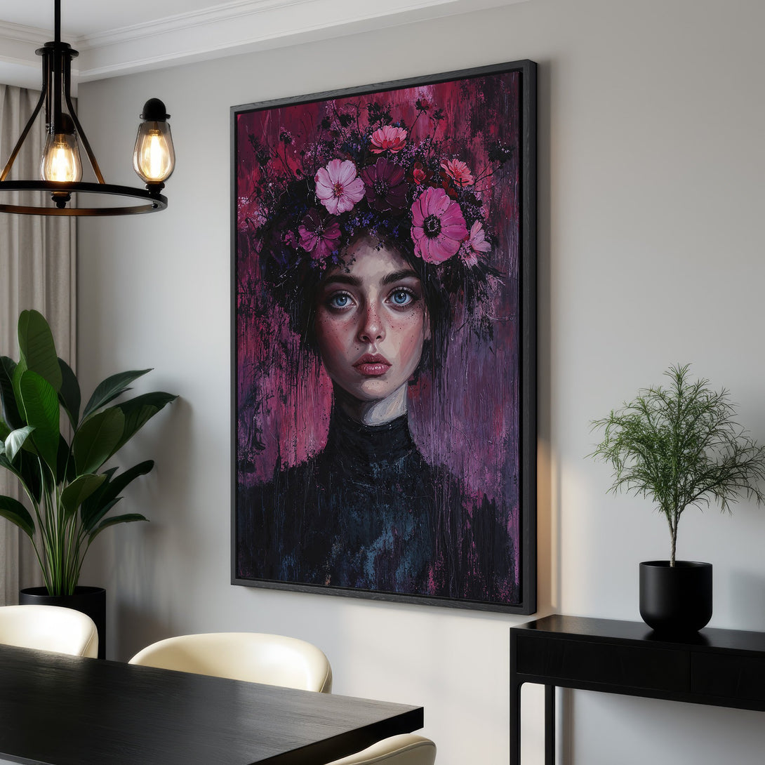 Framed Wall Art: Portrait of a woman with a floral crown, in a modern, abstract style. Rich pink and purple color palette. Perfect for your home decor.