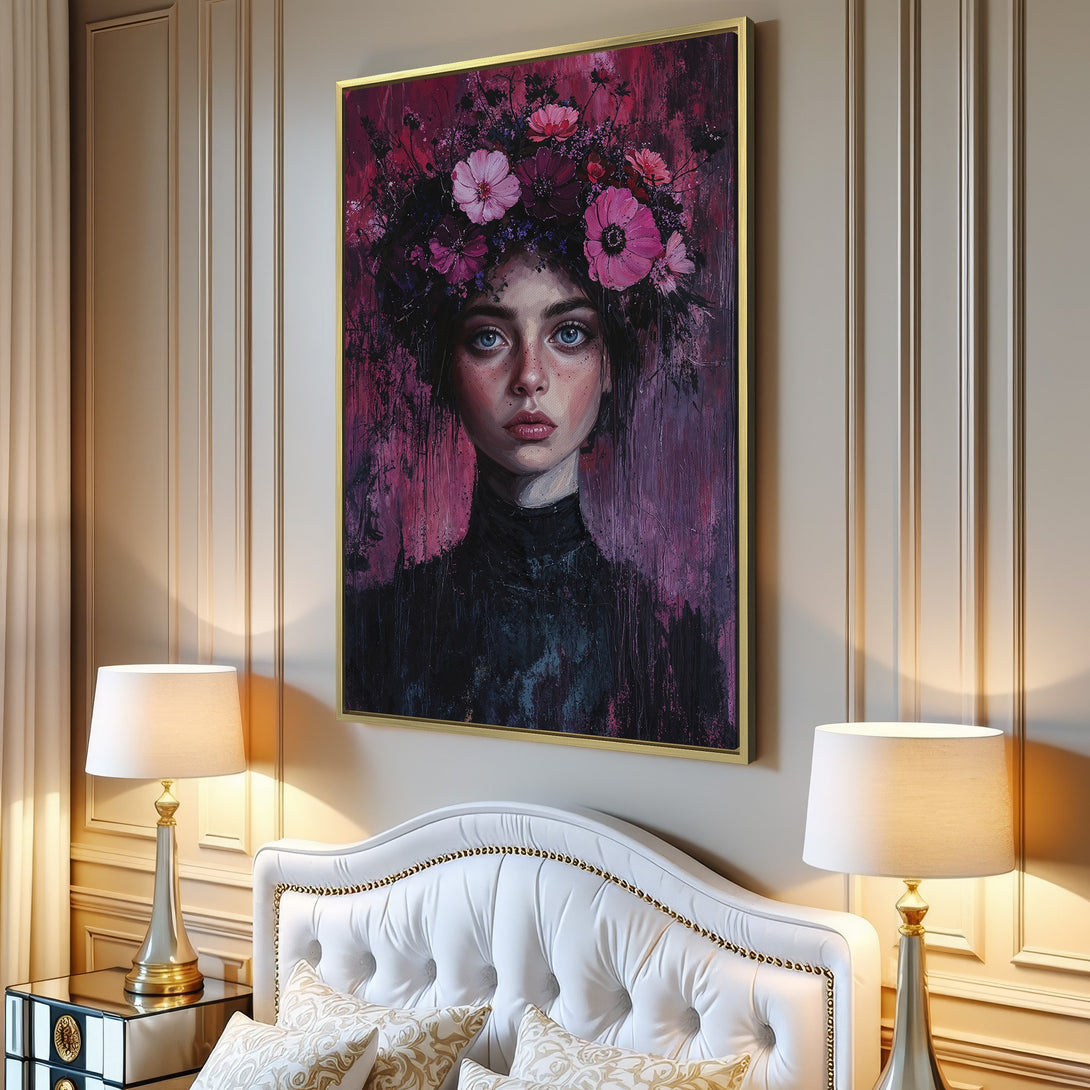Canvas Print of a woman with a floral crown, featuring a moody, painterly style in a pink and purple color palette. Perfect wall art!