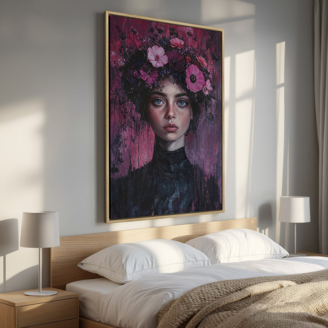Framed Wall Art featuring a woman with a floral crown, painted in a moody, expressive style with a pink and purple color palette. Perfect bedroom decor!