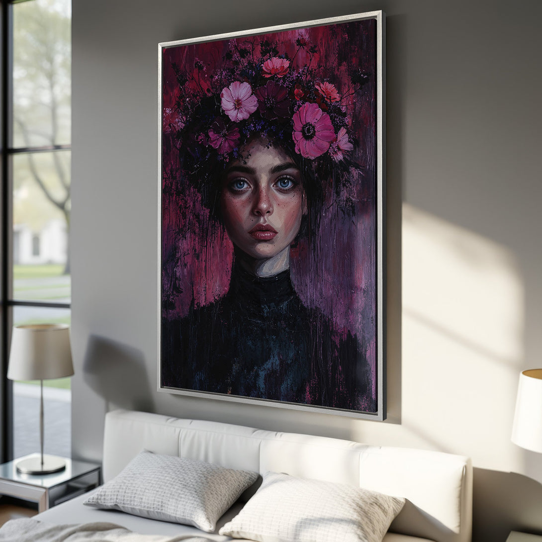 Framed Wall Art: Portrait of a woman with a floral crown. Stunning impressionist style in a rich pink and purple color palette. Perfect bedroom decor.