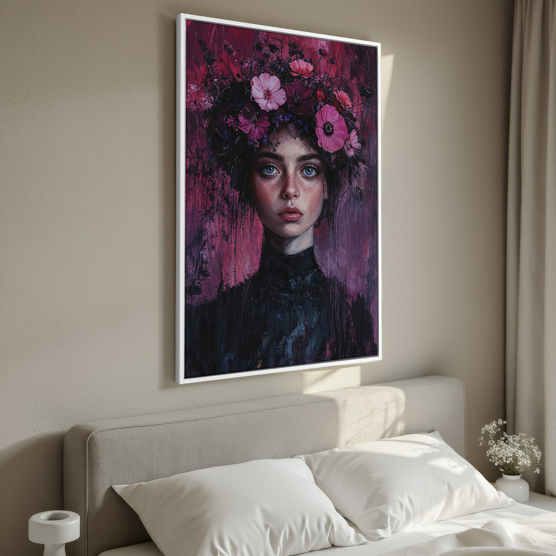 Framed Wall Art featuring a woman with a floral crown. Modern, impressionistic style with a rich pink and purple color palette. Perfect for bedroom decor.