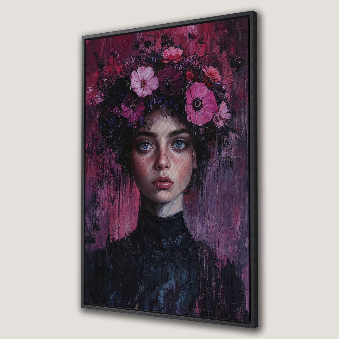 Framed Wall Art: Portrait of a woman with a floral crown. Dramatic, impressionistic style with a rich purple and pink color palette. Perfect wall decor.