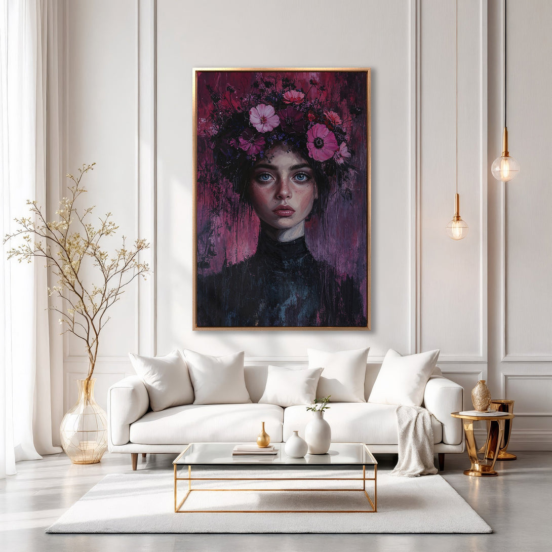 Framed Wall Art: Portrait of a woman with a flower crown, in a modern interior. Rich pink and purple hues, elegant decor.
