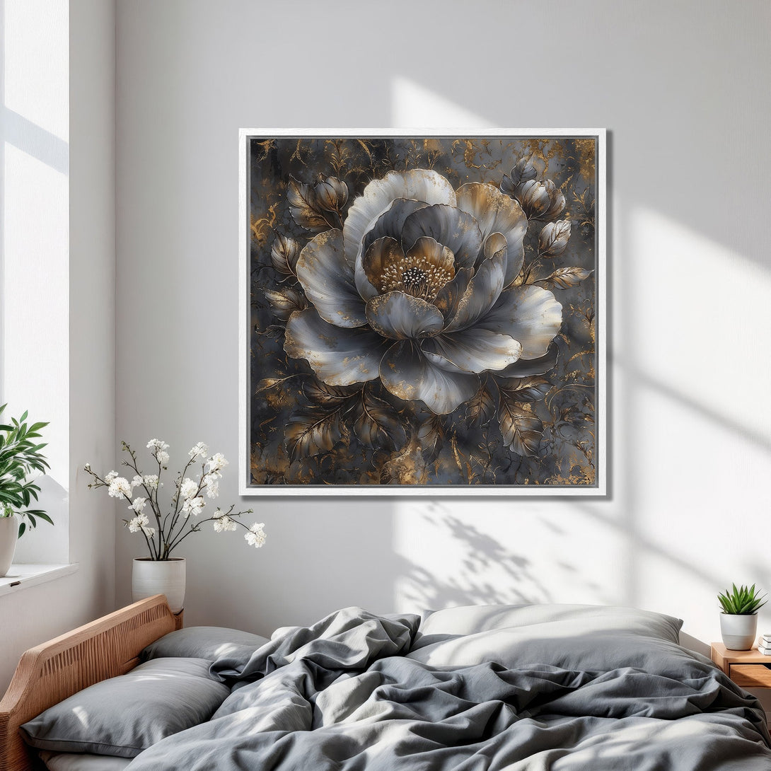 Framed Wall Art: Elegant floral Canvas Print in neutral gray and gold tones. Modern botanical art for bedroom decor.