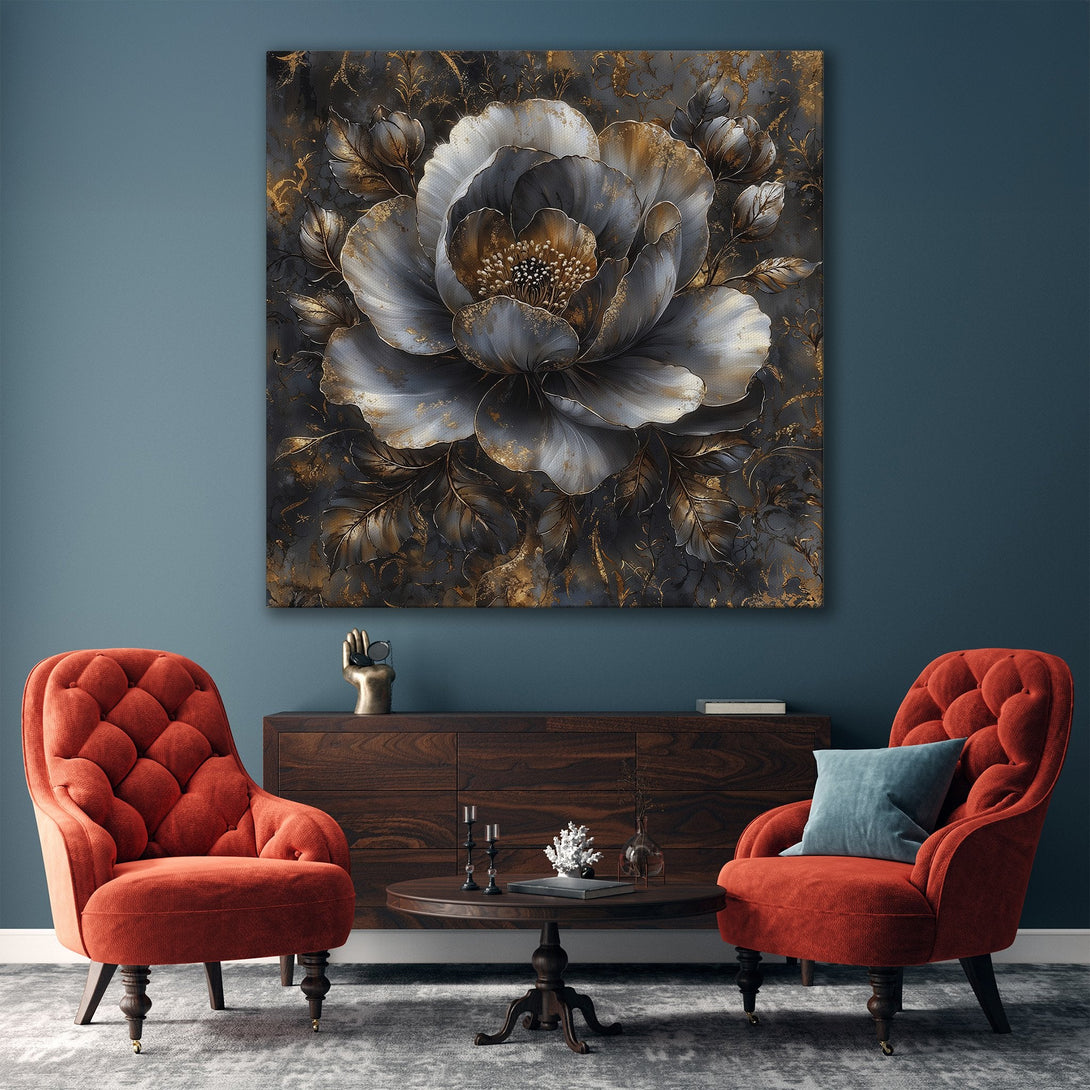 Framed Wall Art featuring a large floral design in a modern style with a gray, gold, and black color palette. Perfect for adding elegance to any room.