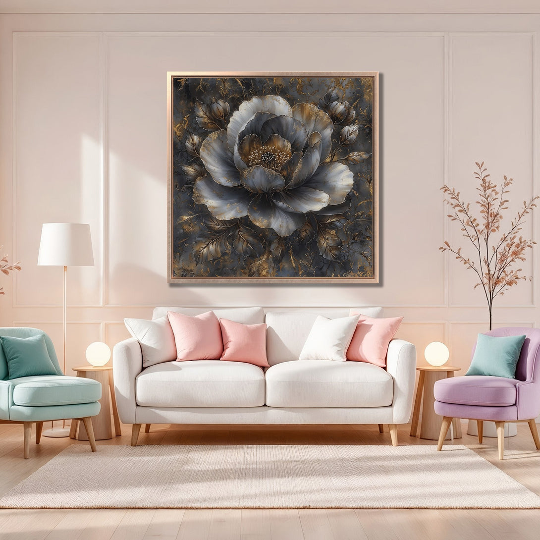 Framed Wall Art: Elegant floral Canvas Print in gray, gold, and black. Modern art for living room decor. Adds sophistication and style to any space.