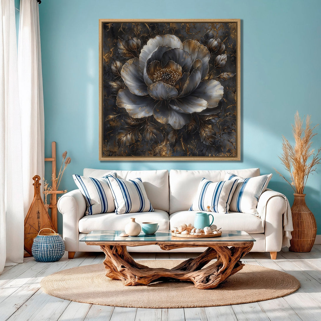 Framed Wall Art featuring a stunning floral design in gray, gold, and black. Perfect for adding a touch of elegance to your home decor.