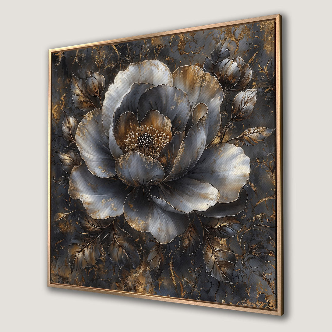 Framed Wall Art: Elegant floral Canvas Print in moody gray and gold tones, perfect for adding a touch of luxury to any space.