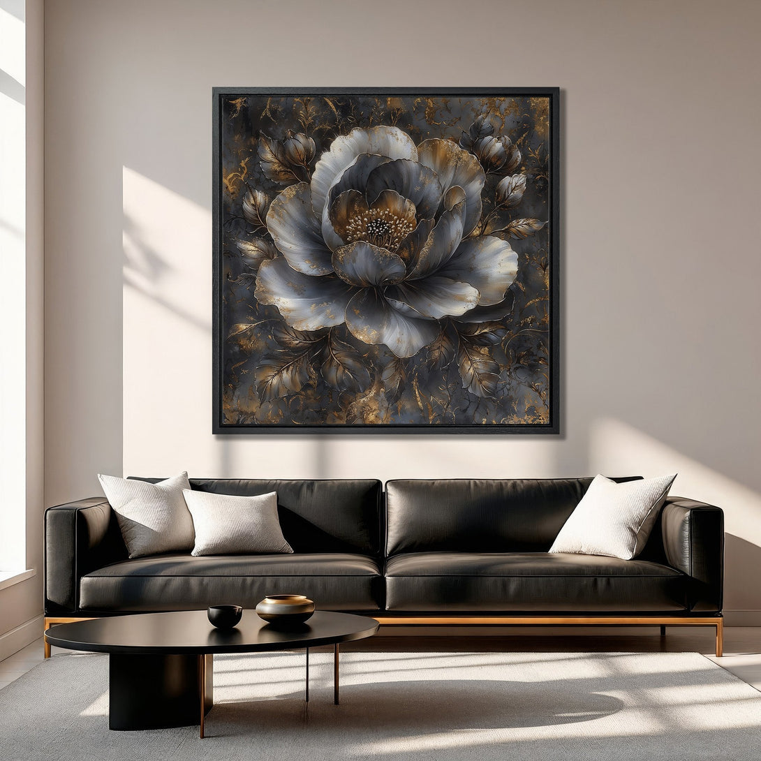 Framed Wall Art: Elegant floral Canvas Print in a dark, moody palette with gold accents. Perfect for adding a touch of luxury to your living room.