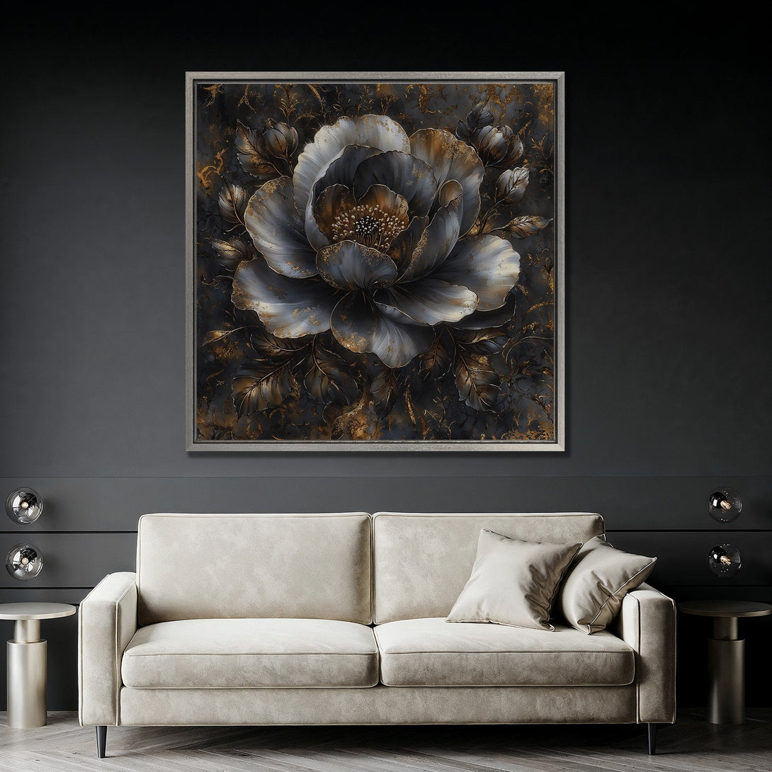 Framed Wall Art featuring a large, elegant floral design in a dark, moody color palette with gold accents. Perfect for adding sophistication to any space.