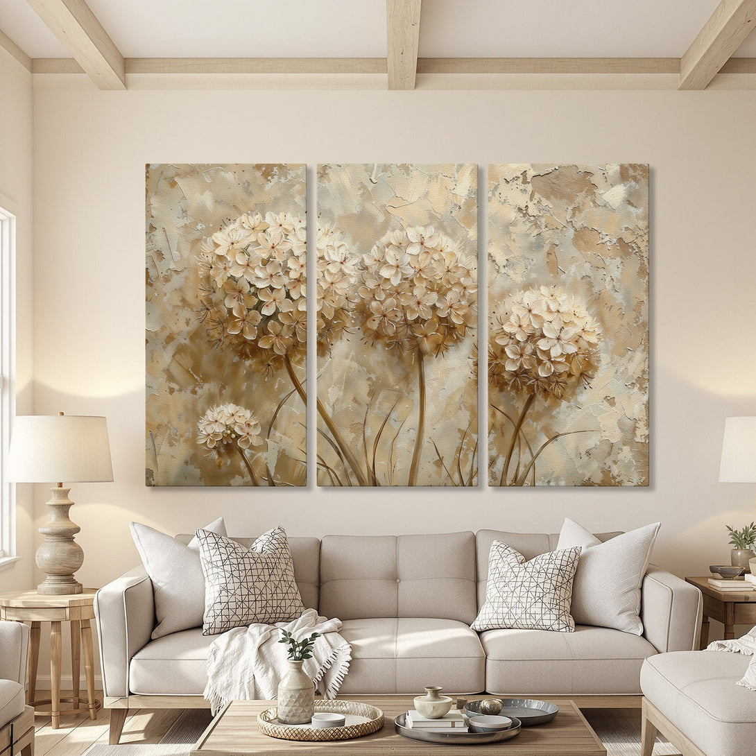 Canvas Print of floral artwork in neutral beige tones, perfect for adding a touch of elegance to your living room.