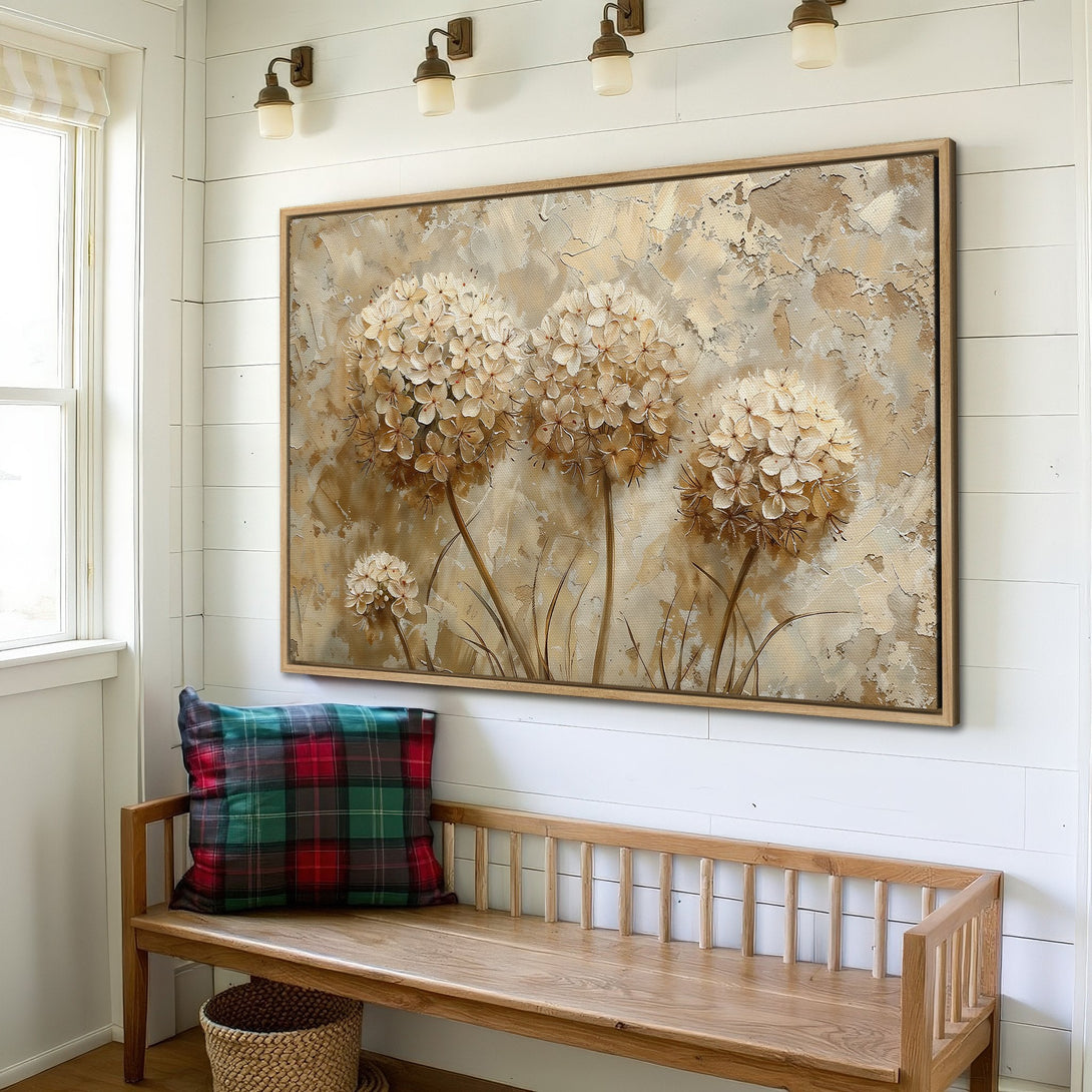 Framed Wall Art: Abstract floral canvas print in neutral tones. Rustic style art with beige, brown, and cream color palette. Perfect for home decor.
