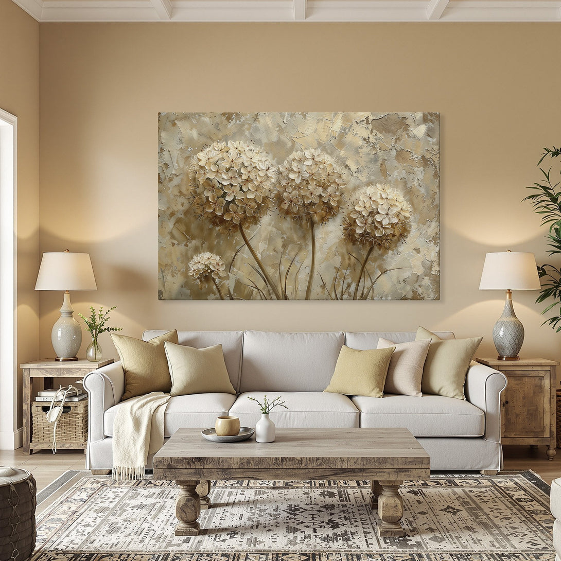 Framed Wall Art: Textured floral painting in warm beige & brown tones, perfect for adding a touch of elegance to your dining room.