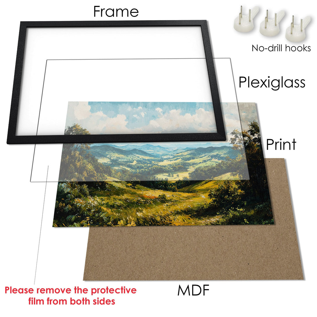 Framed Poster of a scenic landscape in a classic style with green, blue, and yellow hues. Ready to hang!