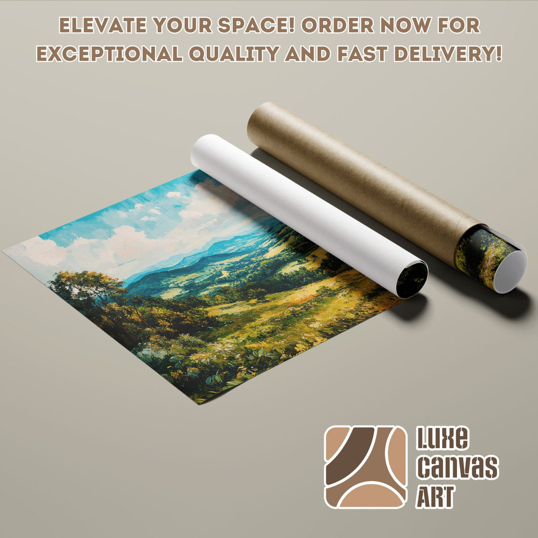 Poster Roll featuring a landscape painting in a vibrant blue, green, and yellow palette. Elevate your space!
