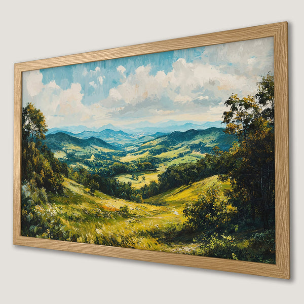 Framed Poster of a scenic landscape painting. Features rolling hills, vibrant greens, blues, and yellows. Perfect wall art!