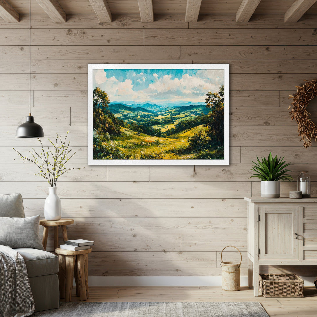 Framed Poster of a vibrant landscape painting. Features a green, blue, and yellow color palette, perfect for adding a touch of nature to your home.