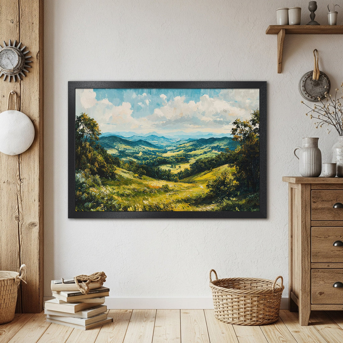 Framed Poster of a serene landscape painting in green, blue, and yellow hues. Perfect wall art for any home.
