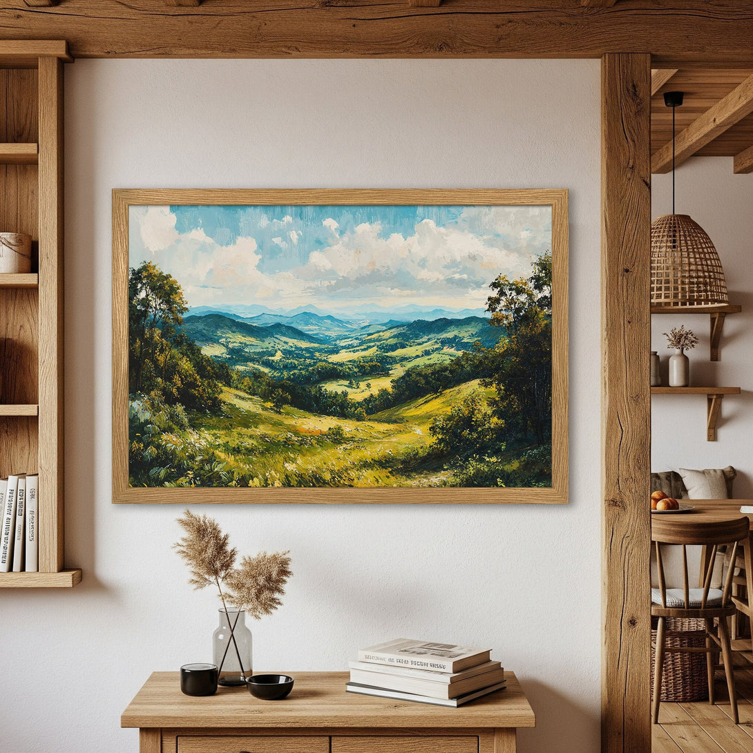Framed Poster of a vibrant landscape painting with a green and blue color palette. Perfect for adding nature-inspired art to your home.