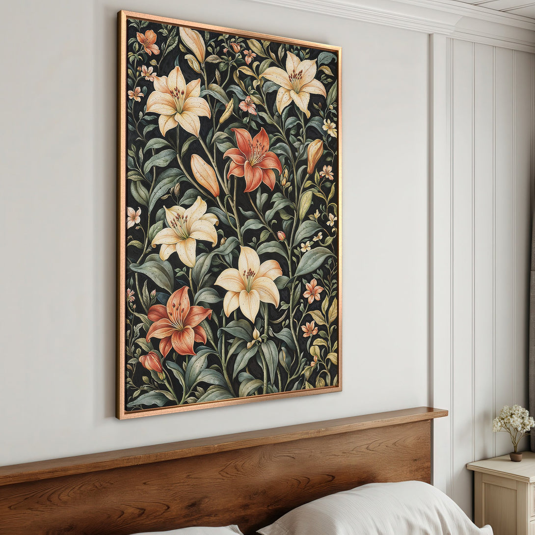 Framed Wall Art featuring a floral botanical print with a dark background, showcasing lilies in warm tones. Perfect for bedroom decor.