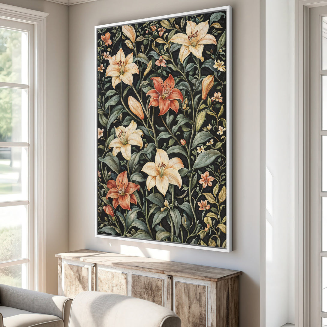 Framed Wall Art featuring a floral design with lilies in warm tones against a dark background. Perfect for adding elegance to any room.