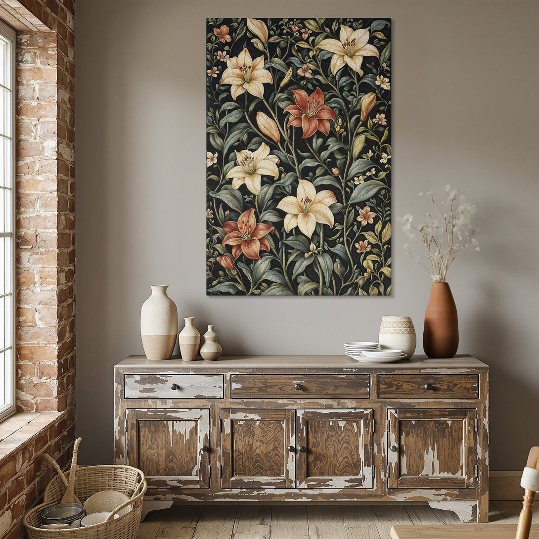 Framed Wall Art featuring floral lilies in a vintage style with a dark background and warm color palette. Perfect for adding elegance to any room.