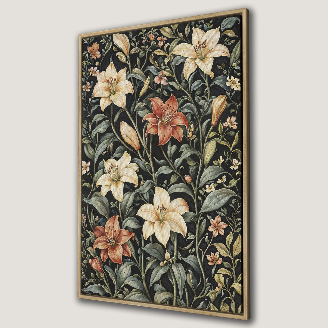 Framed Wall Art featuring a floral lily design in a vintage style. Earthy tones of cream, orange, and green pop against a dark background. Perfect home decor!