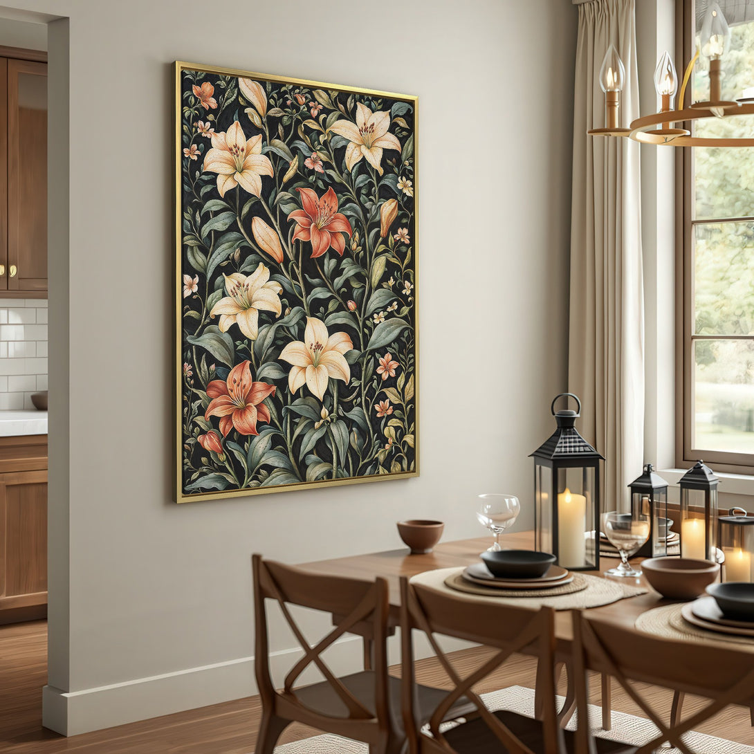Canvas Print of floral lilies in a vintage style, featuring a dark background and warm, earthy color palette. Perfect for home decor.