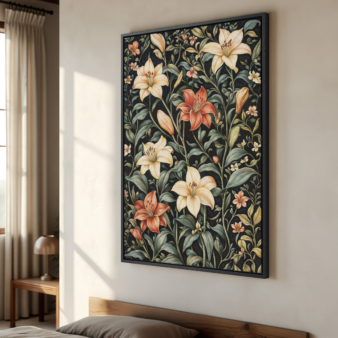 Framed Wall Art featuring a floral design with lilies in warm tones on a dark background. Perfect for adding a touch of elegance to any room.