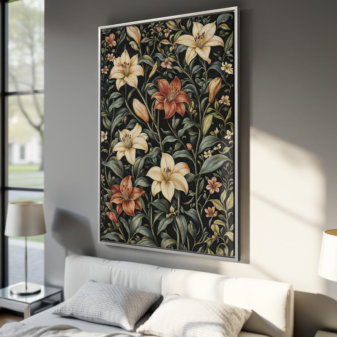 Framed Wall Art featuring a floral design with lilies in a dark, moody color palette. Perfect for adding elegance to any interior.
