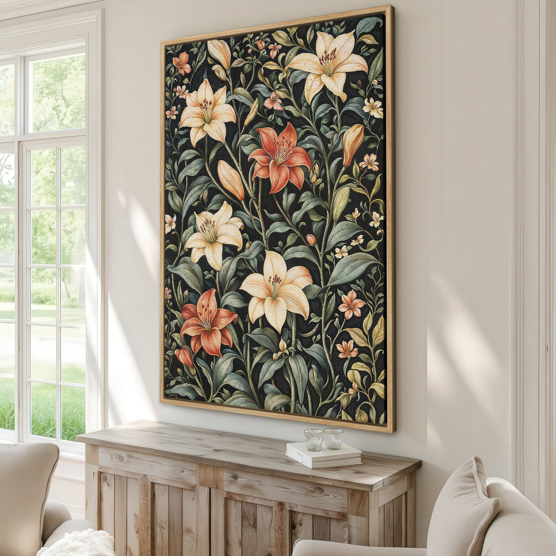 Framed Wall Art featuring a floral design with lilies in a vintage style. The color palette includes black, orange, and cream. Perfect for home decor.