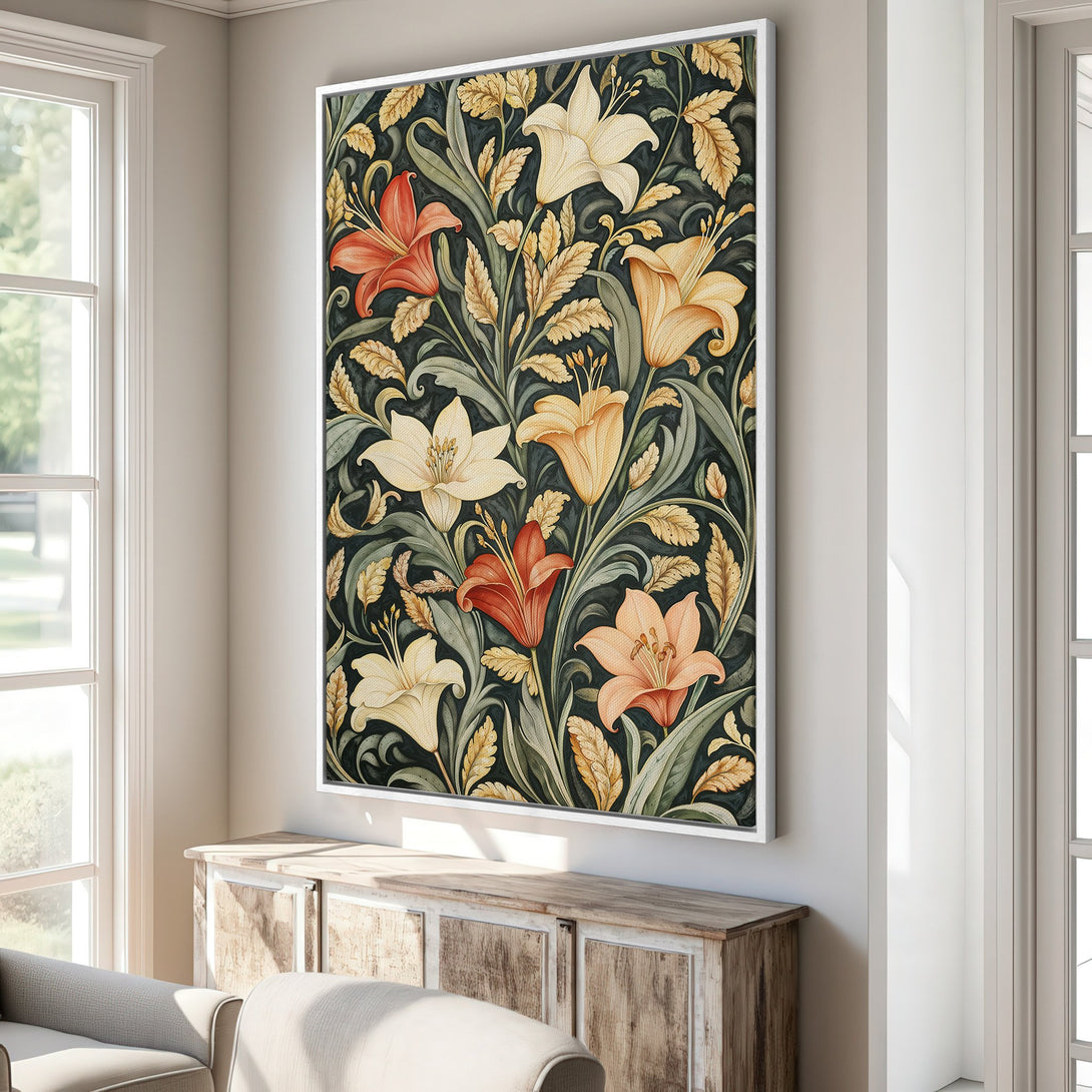 Framed Wall Art featuring a floral design in a vintage style. The color palette includes dark green, gold, and orange hues, perfect for adding elegance to any space.