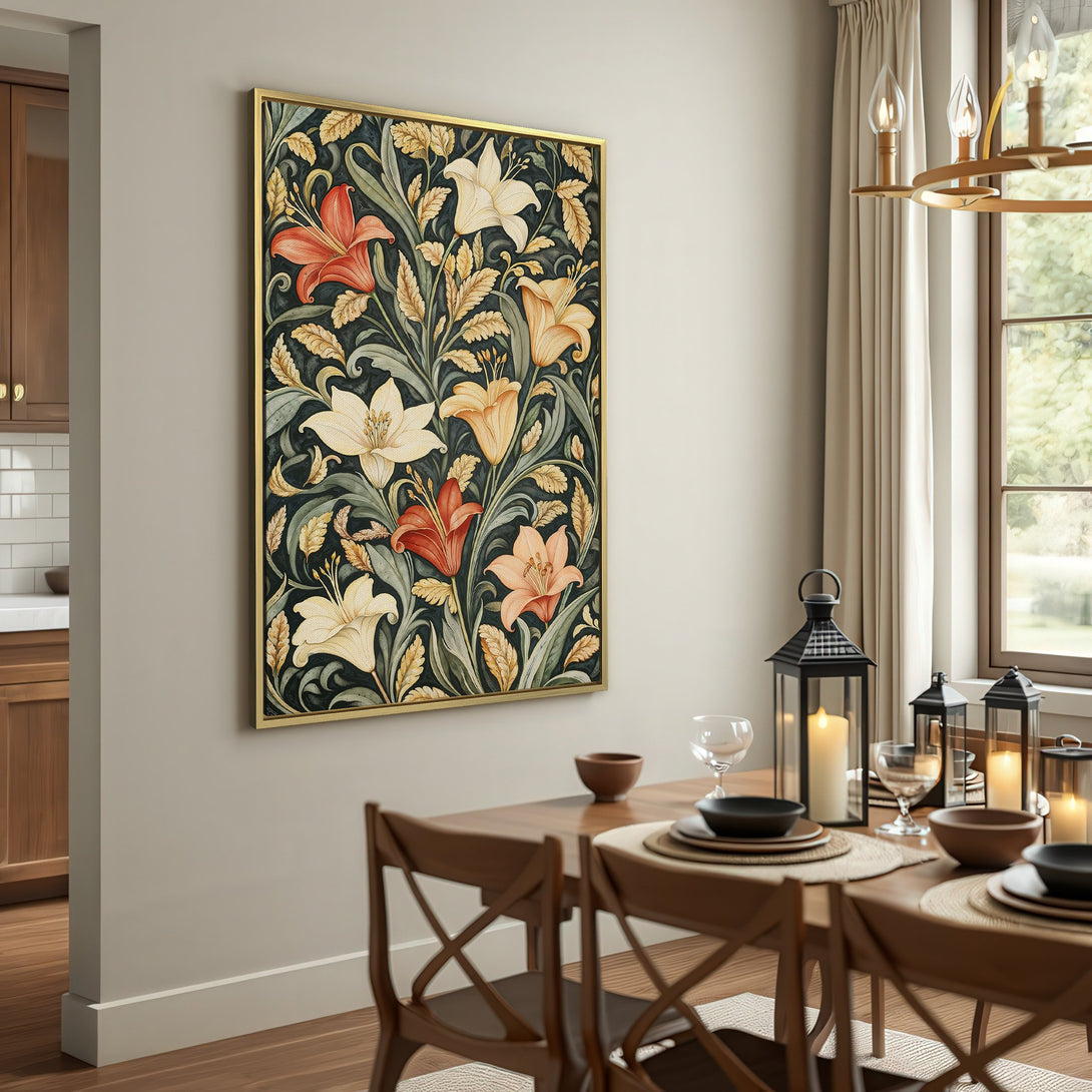 Canvas Print featuring a floral design with lilies in a vintage style, showcasing a dark, moody color palette. Perfect wall art for any room.