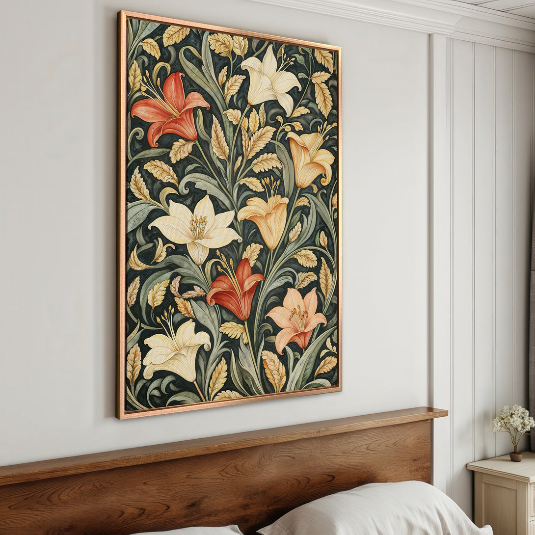 Framed Wall Art featuring a floral design with lilies in a vintage style. Rich color palette of reds, yellows, and greens. Perfect for bedroom decor.