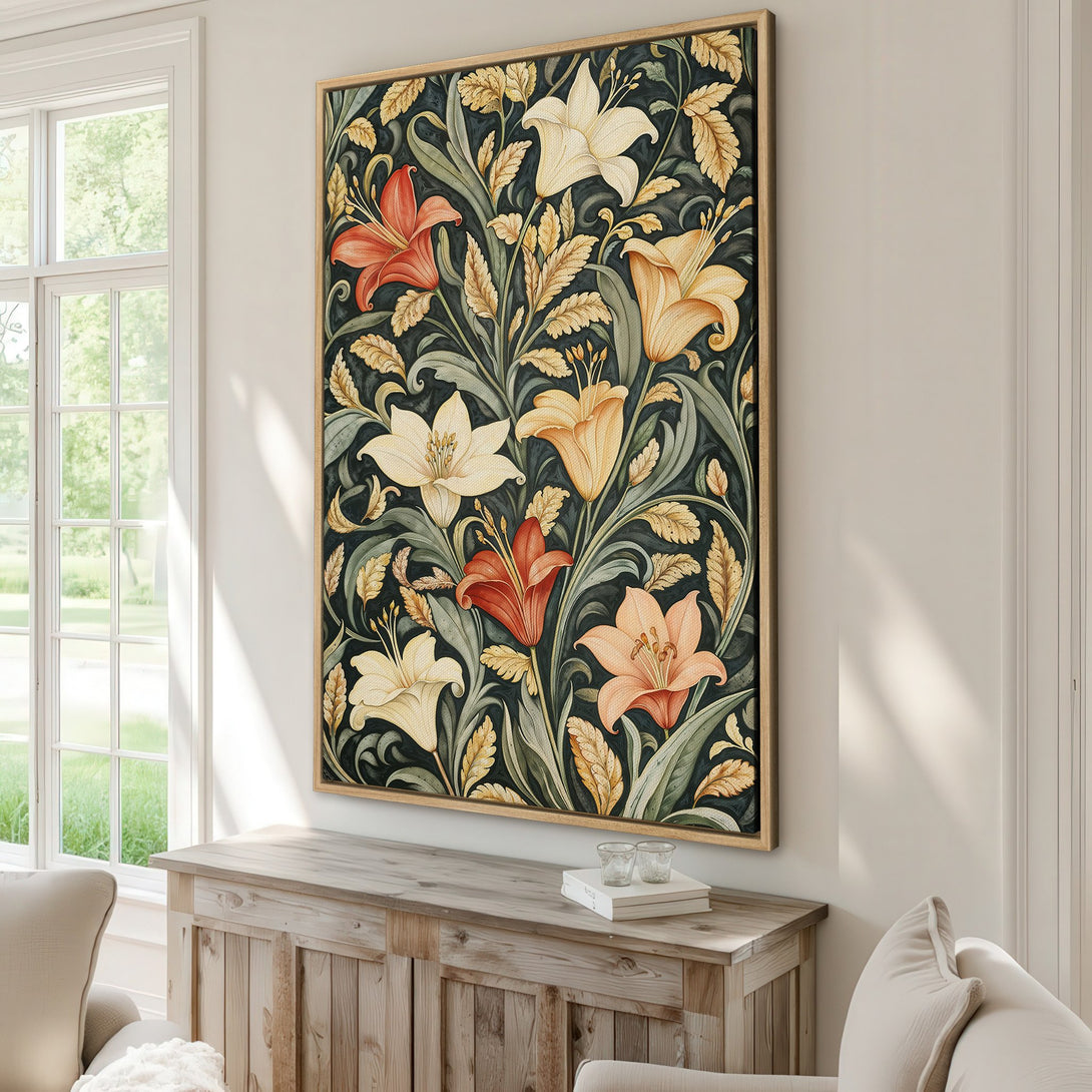 Framed Wall Art featuring a floral design in a vintage style. The color palette includes deep greens, warm oranges, and creams, adding a touch of elegance to any space.