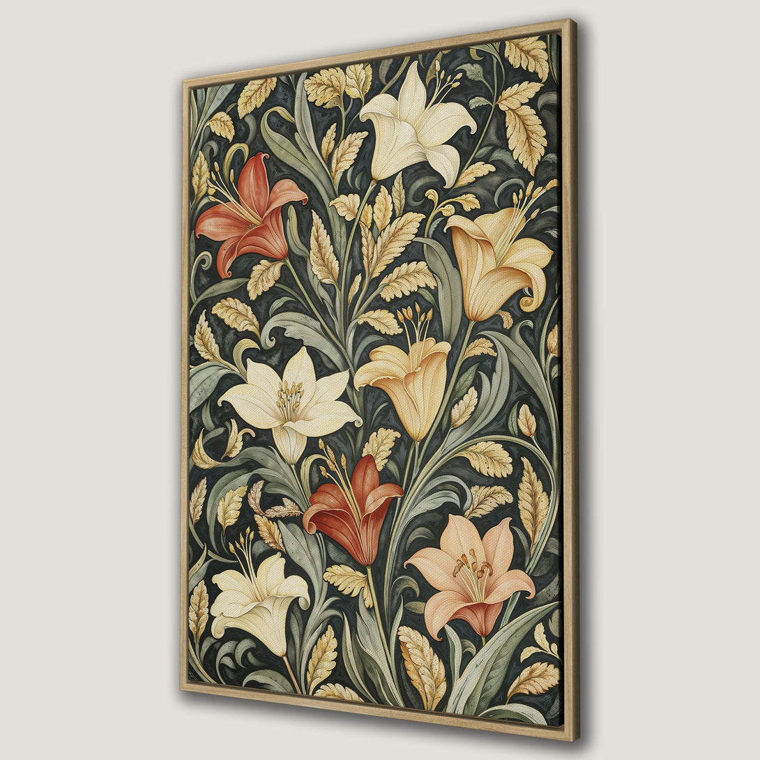 Framed Wall Art featuring a floral design with lilies in a vintage style. The color palette includes dark greens, creams, and warm orange tones.
