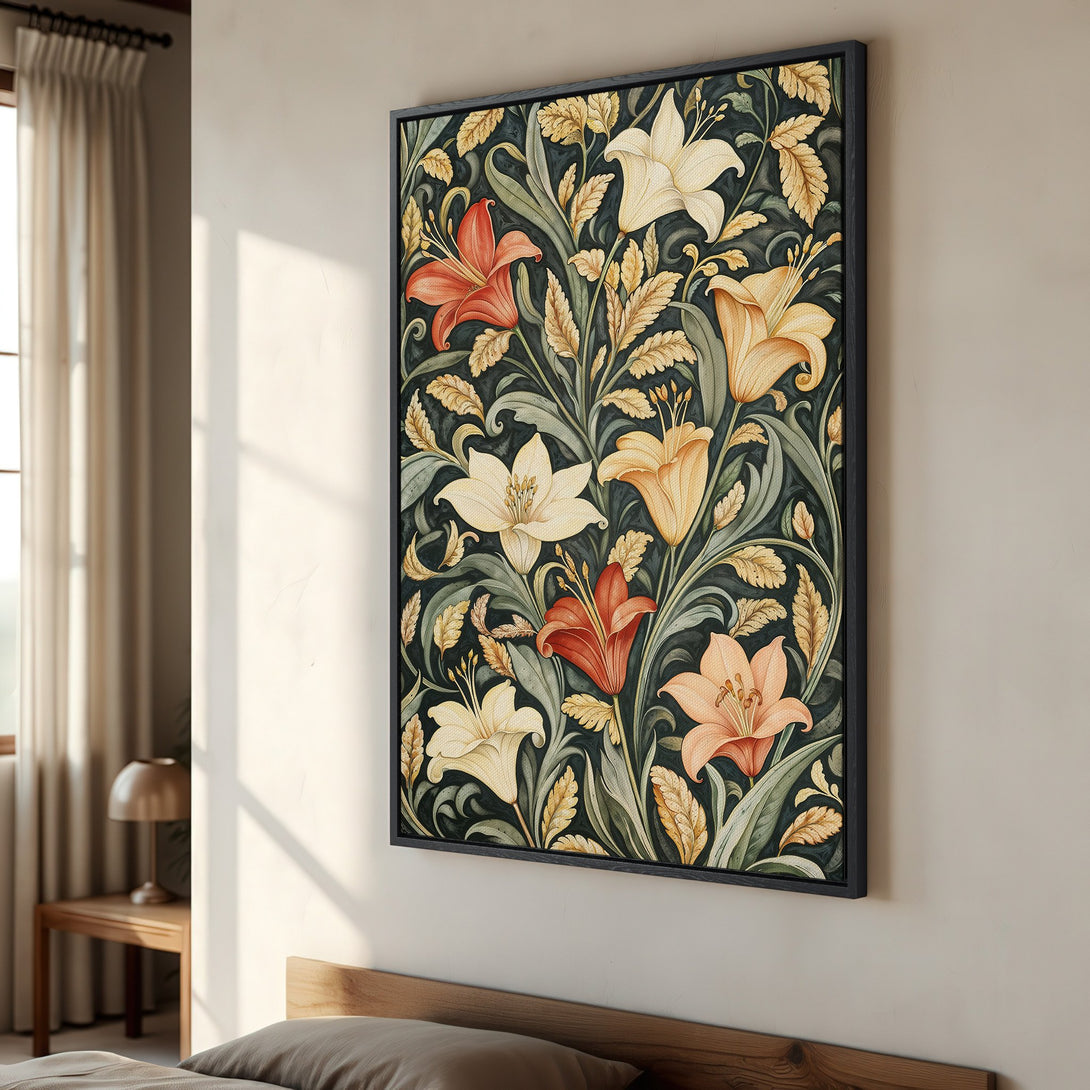 Framed Wall Art featuring a floral design with lilies in a vintage style. Earthy tones of green, gold, and red enhance any room's decor.