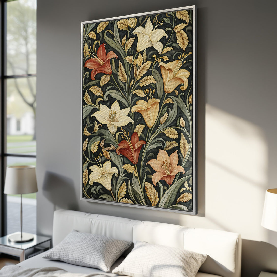 Framed Wall Art featuring a floral design with lilies in a vintage style. Earthy color palette adds a touch of elegance to any room.