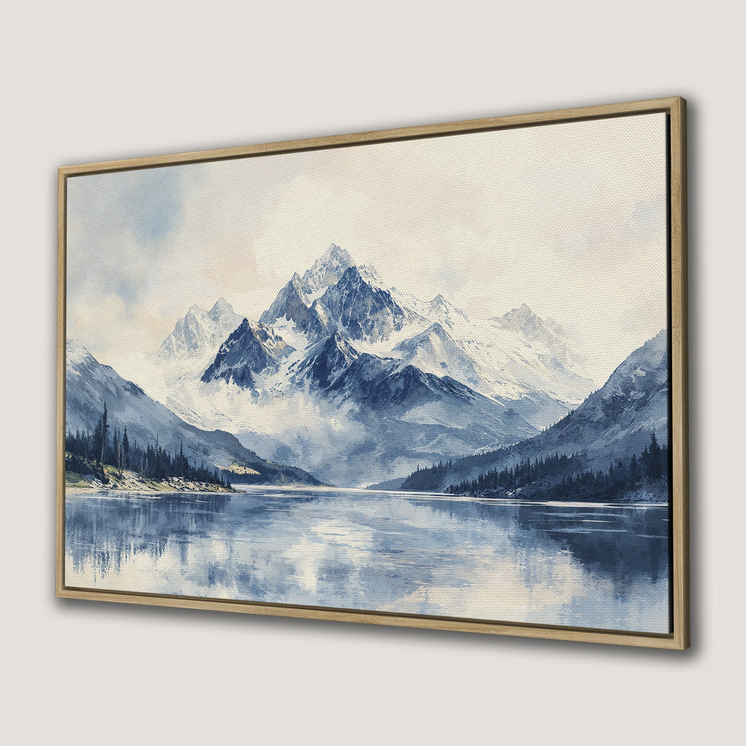 Canvas Print of a mountain lake scene in blue and white. Serene landscape art for your home.