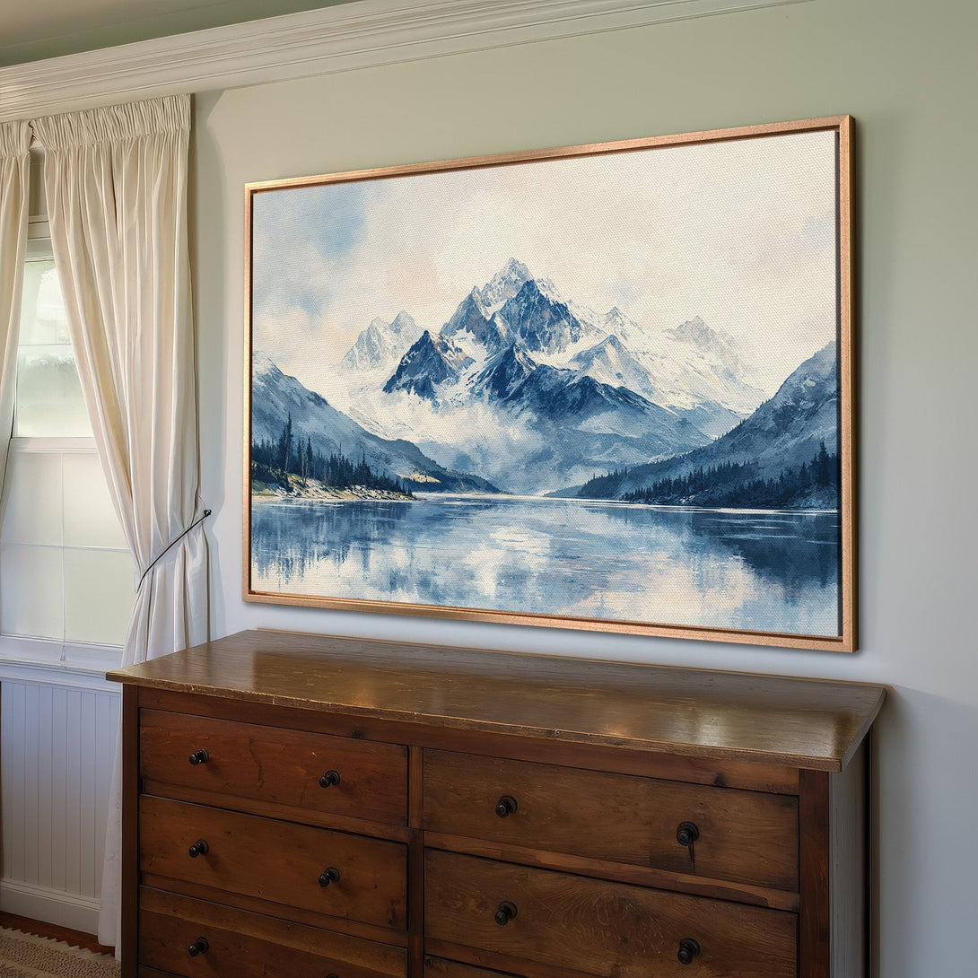 Framed Wall Art: Mountain landscape Canvas Print in blue and white. Serene watercolor style art for home decor.