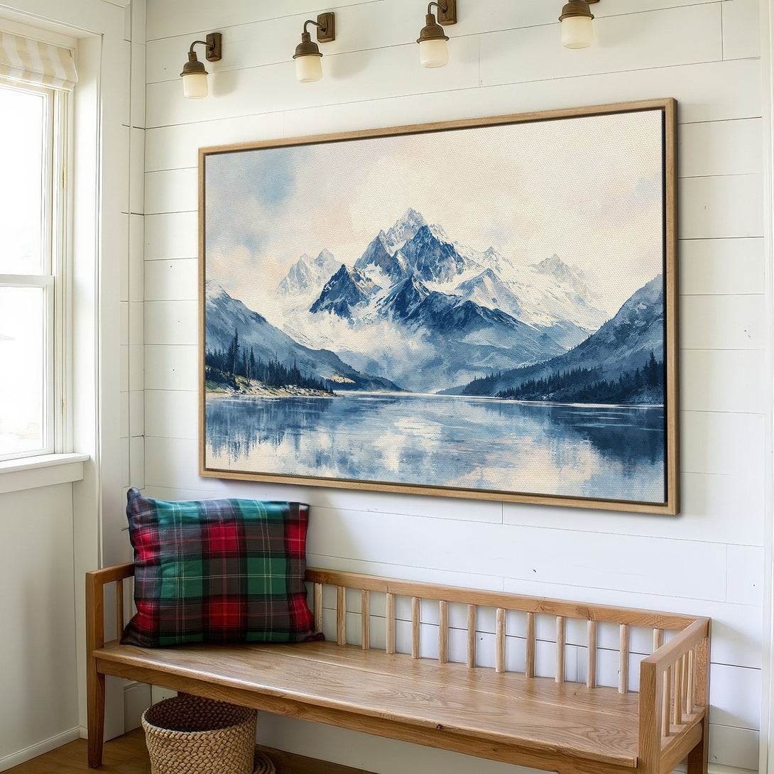 Framed Wall Art: Mountain landscape Canvas Print in cool blue tones. Bring the beauty of nature indoors with this stunning piece!