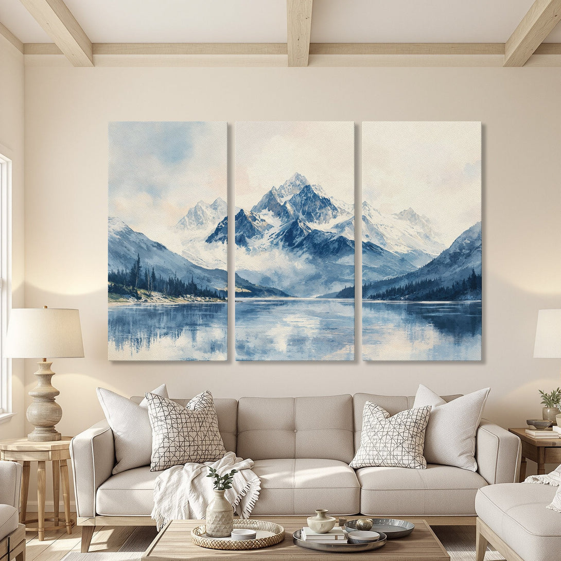 Canvas Print of a serene mountain lake scene in watercolor style. Blue and white color palette creates a calming atmosphere. Perfect for home decor.