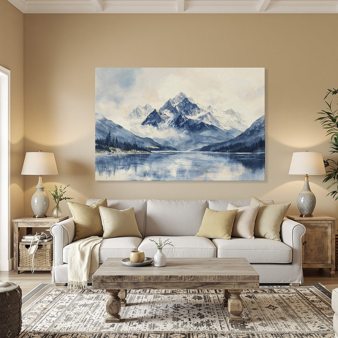 Framed Wall Art: Mountain landscape Canvas Print in blue and white, perfect for adding a touch of nature to your home decor.